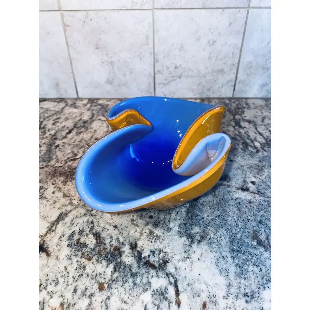 Handblown Vase Cobalt Blue & Orange Ruffled Handkerchief Top 7” X 4” Art Glass
